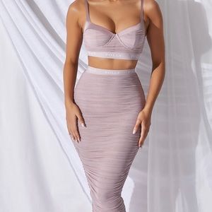 Oh Polly Get Low Ruched Sweetheart Crop Top and skirt set in Mauve